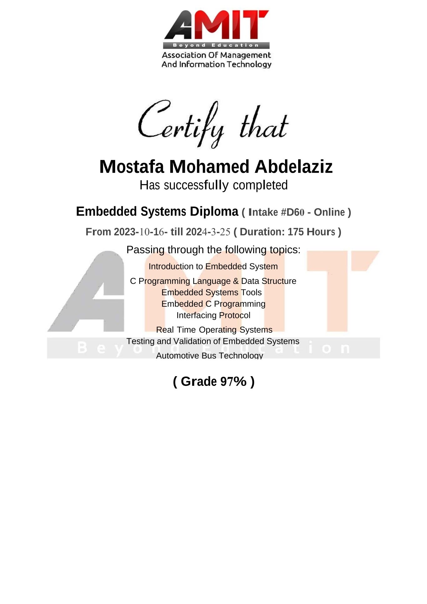 AMIT Learning Embedded Systems Diploma certificate