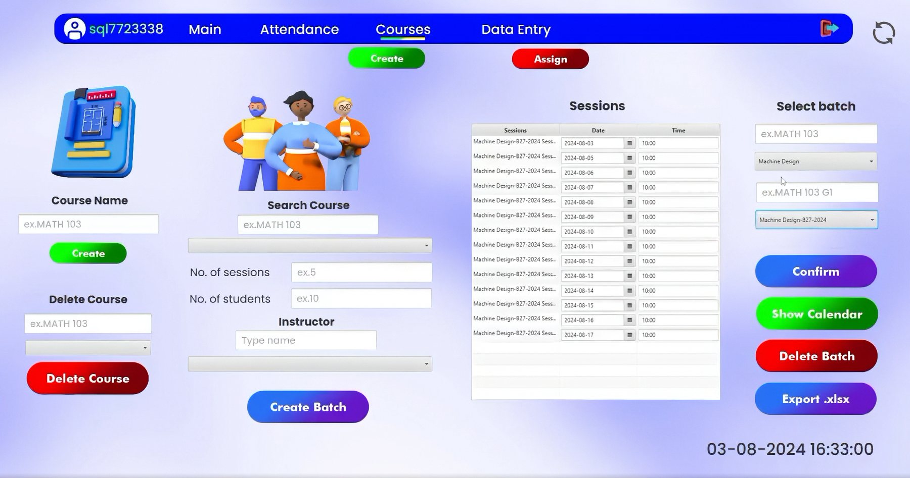 Attendance management system, Courses tab: course creation, batch setup, a sessions table with dates and times, and an export to .xlsx button