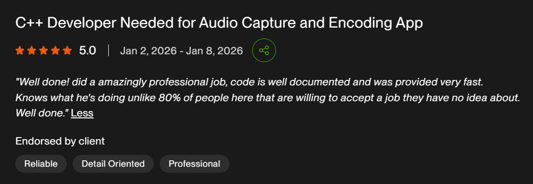 Five-star Upwork review: amazingly professional job, well-documented code, delivered very fast