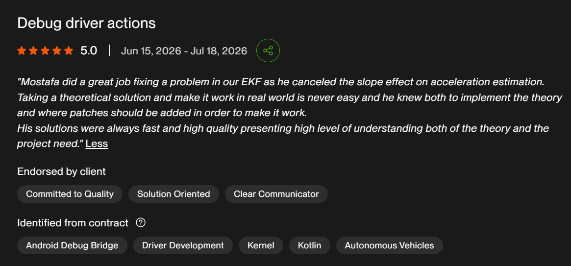 Five-star Upwork review: fixed a problem in our EKF by cancelling the slope effect on acceleration estimation; fast, high-quality solutions with deep understanding of theory and project need