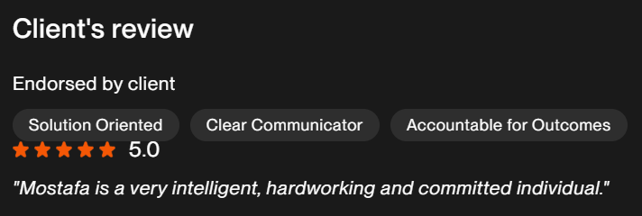 Five-star Upwork review: very intelligent, hardworking and committed