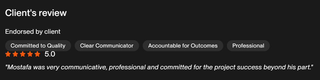 Five-star Upwork review: communicative, professional and committed to project success beyond his part