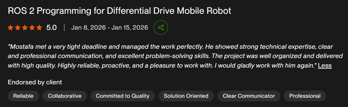 Five-star Upwork review: met a very tight deadline, strong technical expertise, excellent problem solving, highly reliable and proactive